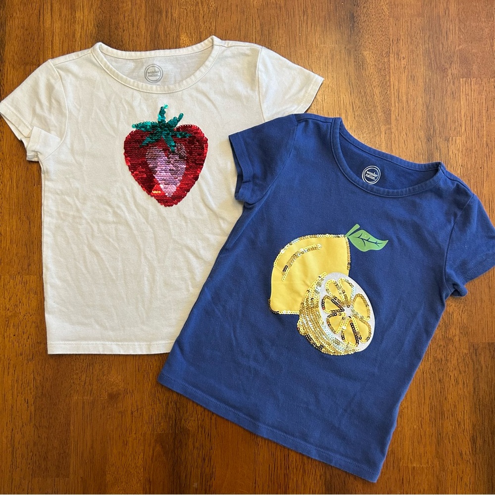 Fruit Summer Tee Bundle | Strawberry & Lemon Sparkle Tops | Girls XS (4–5)